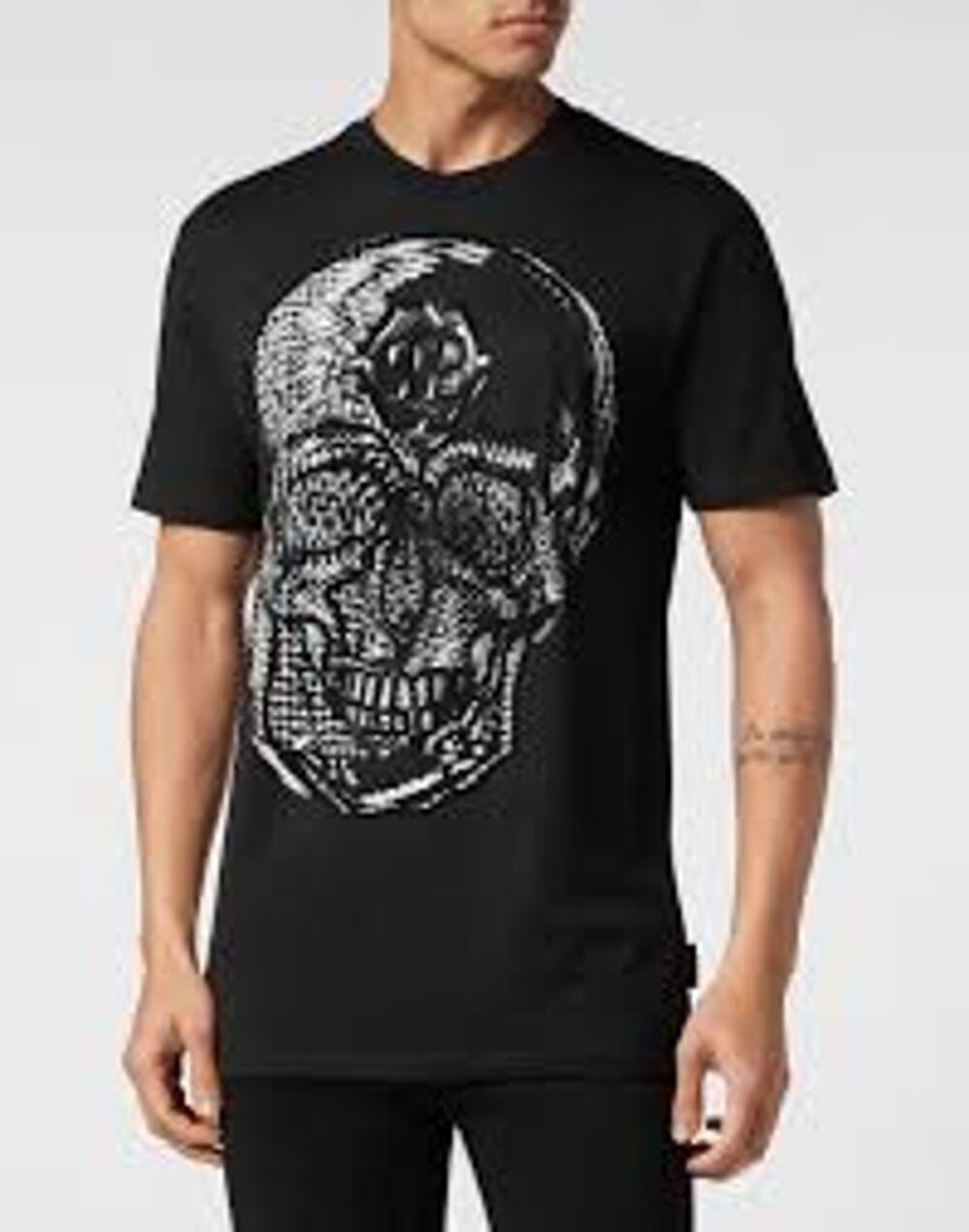 Phillip Plein Black Bejeweled SS Skull & Saffian Leather Patch T-Shirt sz Large